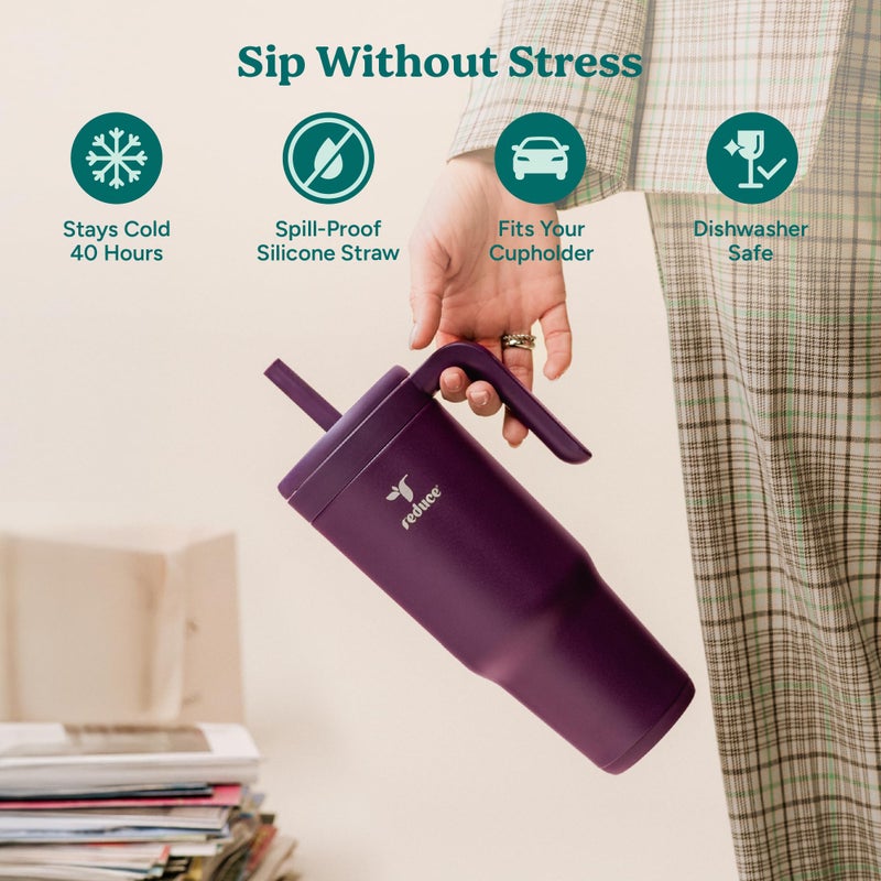 REDUCE Chiller Vacuum Insulated 40 oz Tumbler with Spill-Proof Silicone Straw - Sustainable Tritan Lid with Water Intake Markers - Soft Sit Base Travel Mug - Dishwasher Safe - Phantom - Image 2