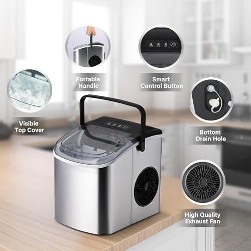 HealSmart Ice Maker for Countertop, 9 Ice Cubes Ready in 6 Mins, 26lbs Ice/24Hrs, with Self-Cleaning Feature, Ice Spoon and Basket, for Home, Kitchen, Camping, Party, Silver - Image 2