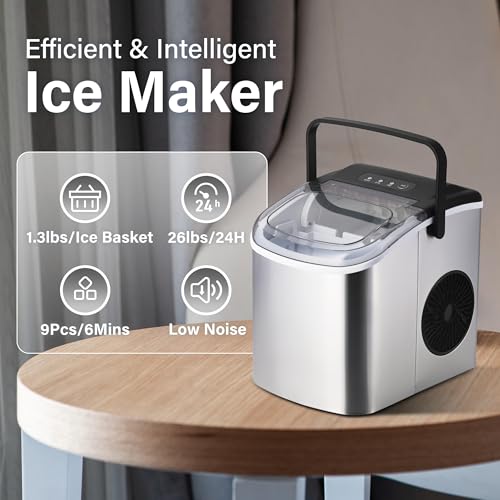 HealSmart Ice Maker for Countertop, 9 Ice Cubes Ready in 6 Mins, 26lbs Ice/24Hrs, with Self-Cleaning Feature, Ice Spoon and Basket, for Home, Kitchen, Camping, Party, Silver - Image 5
