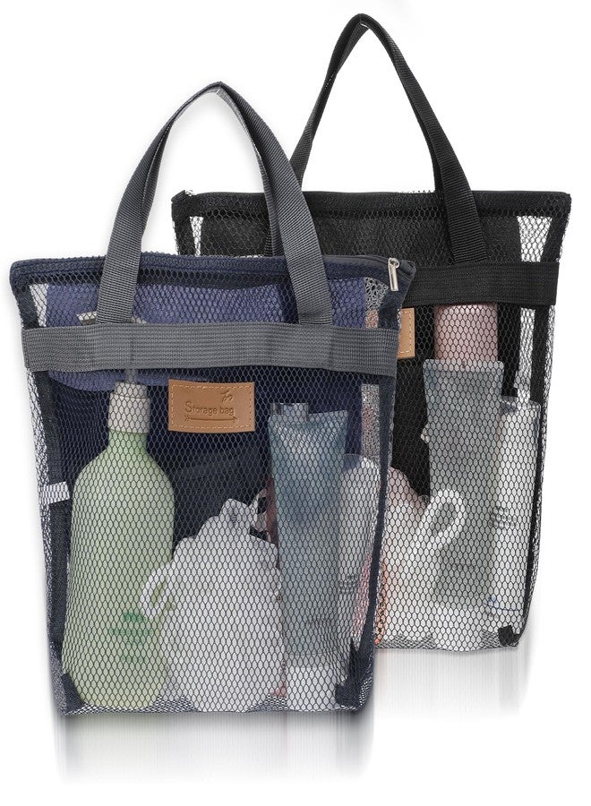 guduling 2 Pcs Shower Bag for Gym, Shower Caddy for Camping,12 x 12In Quick Dry Portable Mesh Shower Bag with Zipper Gym, Swimming, Camping, College Dorms, Beach(Black, Navy blue) - Image 1