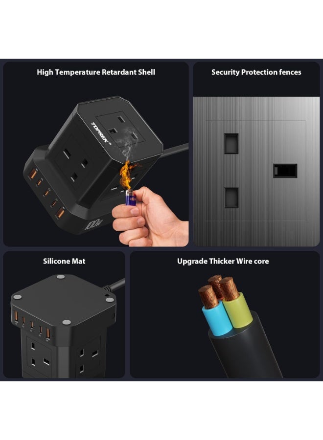 TOPREK 100W PD3.0 Fast Charge Extension Lead with Usb Slots, Simultaneous Fast-charging of 10 devices, Usb Extension Cable Multi Plug Extension Socket - Image 3