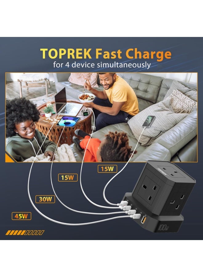 TOPREK 100W PD3.0 Fast Charge Extension Lead with Usb Slots, Simultaneous Fast-charging of 10 devices, Usb Extension Cable Multi Plug Extension Socket - Image 5