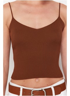 trendyol Brown Crop Basic Knitwear Blouse TWOSS24BZ00147  - Image 5