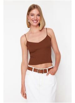 trendyol Brown Crop Basic Knitwear Blouse TWOSS24BZ00147  - Image 3