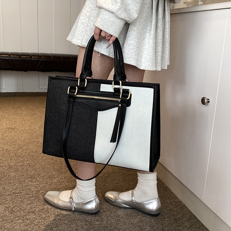 Large Capacity Tote Bag Women'S 2025 Color-Block Handbag Simple Shoulder Commuting Crossbody Bag