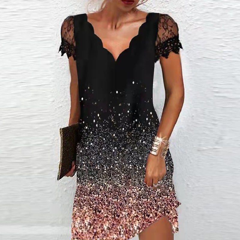 2023 Womens new support platform sales positioning printing wave V-neck lace stitching short sleeve dress 9# Red 