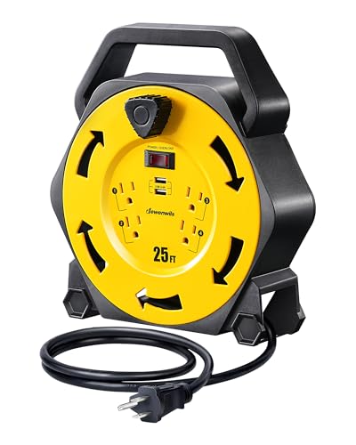 DEWENWILS Cord Reel with 4 Power Outlets, 2-USB Ports(3.4A Fast Charge), 25FT Retractable Extension Cord Reel, Heavy Duty SJTW 16/3 Cable, 13A Circuit Breaker, Hand Wind, UL Listed - Image 1