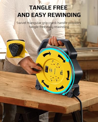 DEWENWILS Cord Reel with 4 Power Outlets, 2-USB Ports(3.4A Fast Charge), 25FT Retractable Extension Cord Reel, Heavy Duty SJTW 16/3 Cable, 13A Circuit Breaker, Hand Wind, UL Listed - Image 5