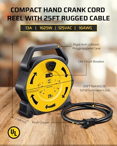 DEWENWILS Cord Reel with 4 Power Outlets, 2-USB Ports(3.4A Fast Charge), 25FT Retractable Extension Cord Reel, Heavy Duty SJTW 16/3 Cable, 13A Circuit Breaker, Hand Wind, UL Listed - Image 3