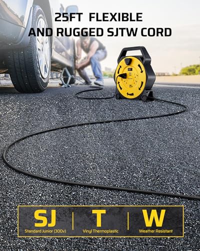 DEWENWILS Cord Reel with 4 Power Outlets, 2-USB Ports(3.4A Fast Charge), 25FT Retractable Extension Cord Reel, Heavy Duty SJTW 16/3 Cable, 13A Circuit Breaker, Hand Wind, UL Listed - Image 2