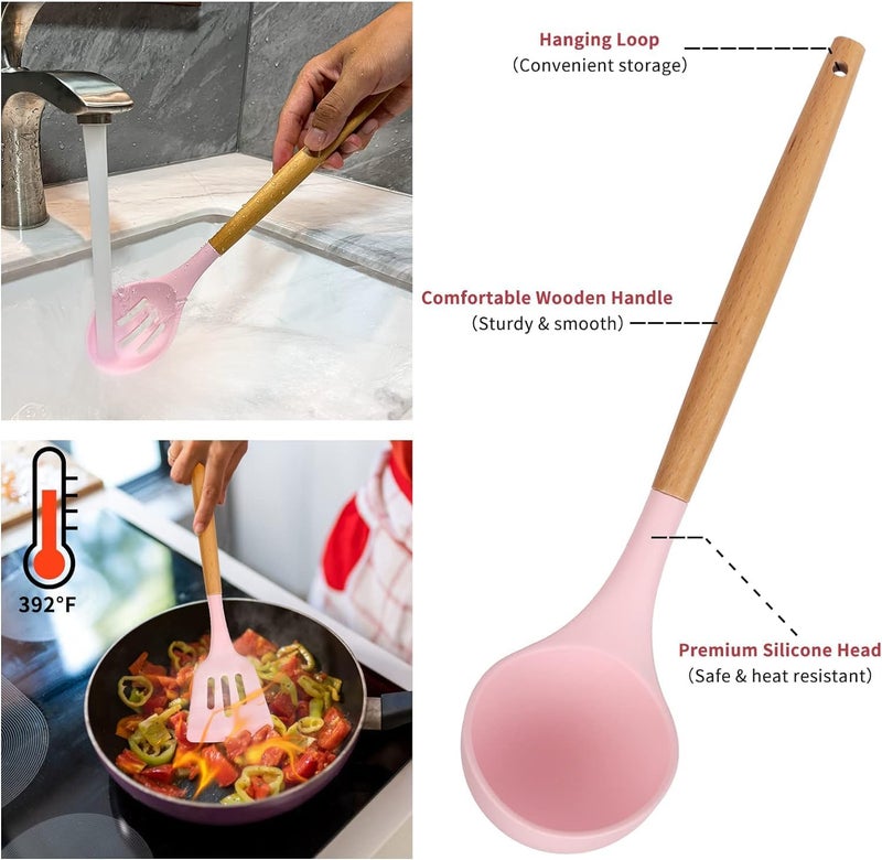JUGTE Silicone Spatula for Kitchen | Non-Stick | Cooking Spatulas with Wooden Handle | Turner Serving Cooking Spoon | Combs for Omlet Egg Dosa chapati Sambar (Pink) - Image 3