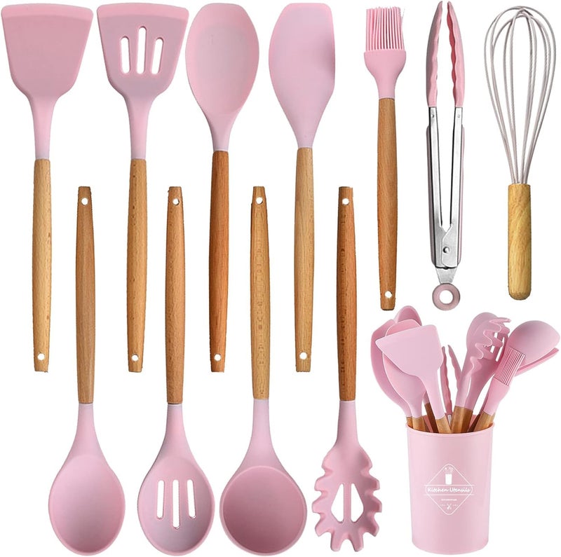 JUGTE Silicone Spatula for Kitchen | Non-Stick | Cooking Spatulas with Wooden Handle | Turner Serving Cooking Spoon | Combs for Omlet Egg Dosa chapati Sambar (Pink) - Image 1