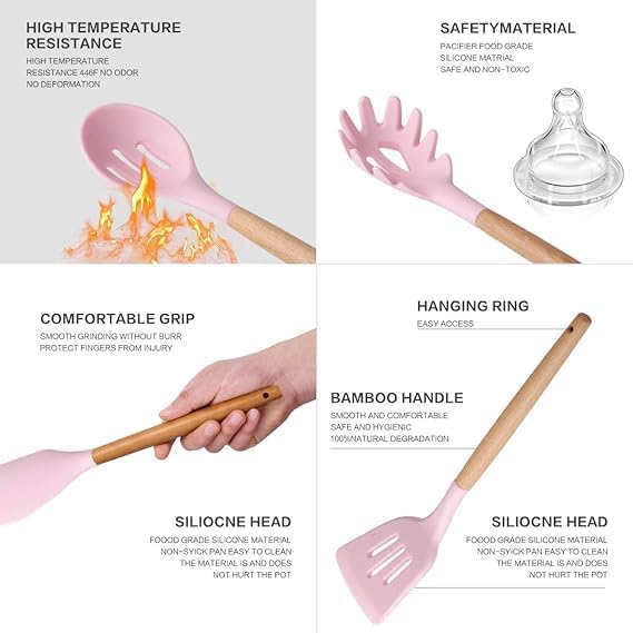 JUGTE Silicone Spatula for Kitchen | Non-Stick | Cooking Spatulas with Wooden Handle | Turner Serving Cooking Spoon | Combs for Omlet Egg Dosa chapati Sambar (Pink) - Image 4