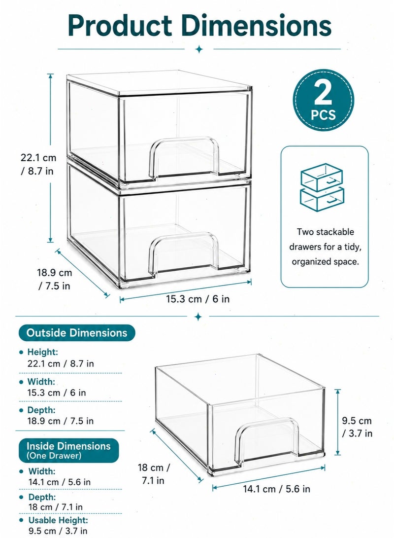 2 Pack Clear Stackable Storage Drawers, Practical Bathroom Makeup Organizer, Durable Acrylic Plastic Bins, Perfect for Vanity, Undersink, Kitchen Cabinets and Pantry Home Organization - Image 5