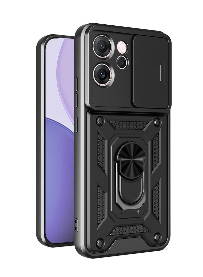 جراب حمايه مقاوم للصدمات وحمايه للكاميرا مزود بدبله معدنيه متوافق مع  Oppo Reno 14F  (اسود) - Image 1