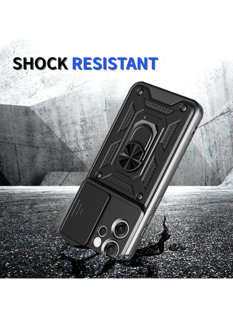 جراب حمايه مقاوم للصدمات وحمايه للكاميرا مزود بدبله معدنيه متوافق مع  Oppo Reno 14F  (اسود) - Image 2