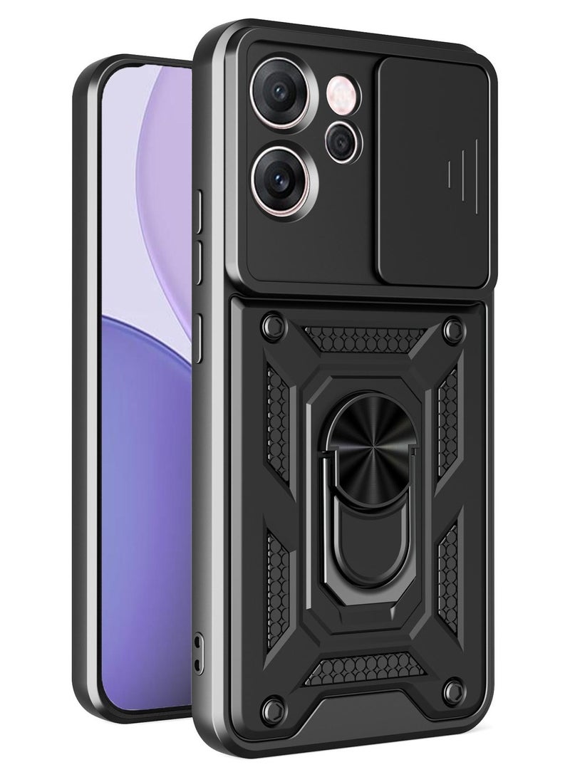 جراب حمايه مقاوم للصدمات وحمايه للكاميرا مزود بدبله معدنيه متوافق مع  Oppo Reno 14F  (اسود) - Image 1