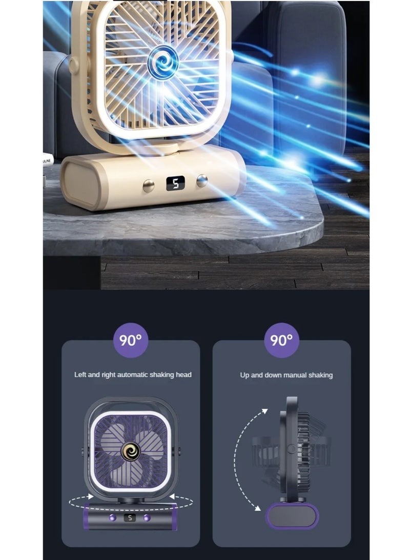 OUYoo OUYoo Portable fan is rechargeable, a small personal fan operated by battery, a multi-angle free wind direction adjustable USB desktop fan, a mini desk fan for bedroom, home, office, office, camping, travel, wall hanging fan, multi-function 5-speed wind speed adjustment, with nightlight lighting, and automatic head shaking function on left and right. (Beige)  - Image 2