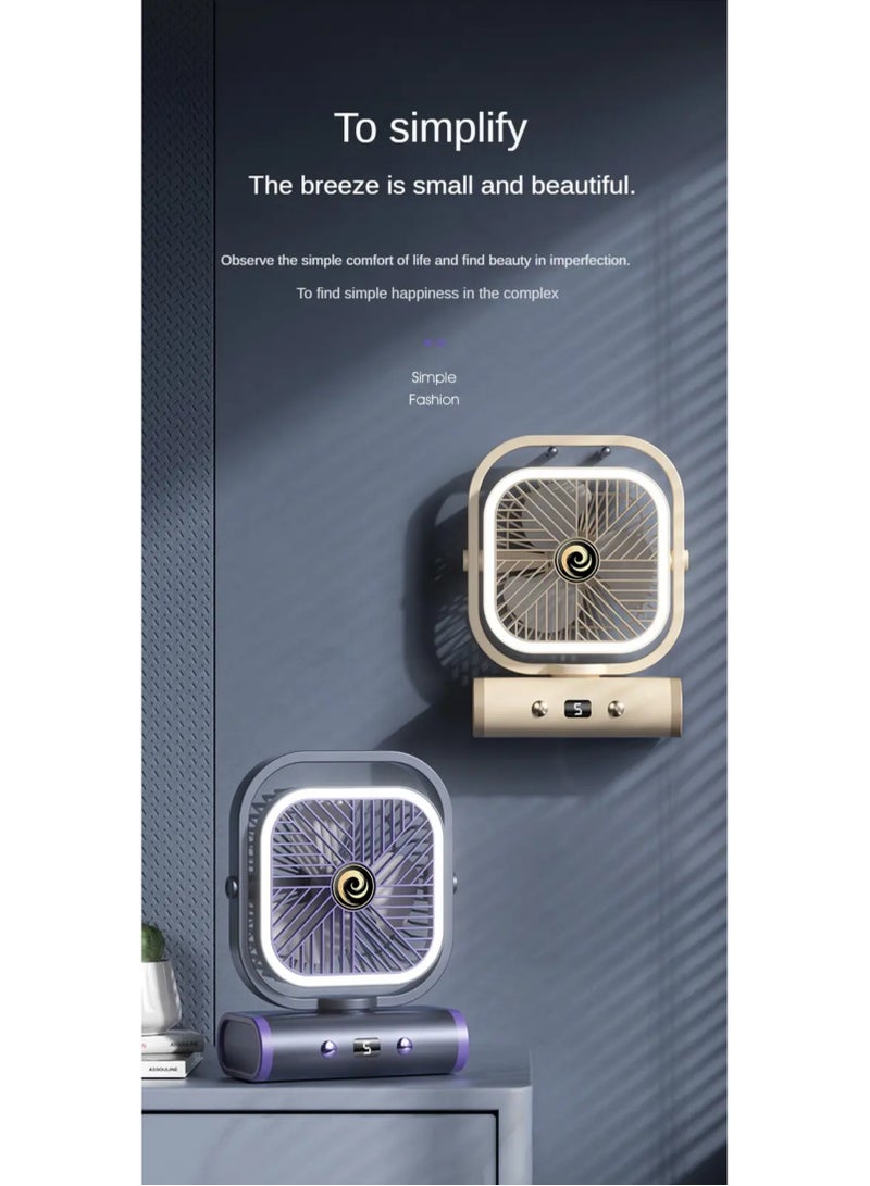 OUYoo OUYoo Portable fan is rechargeable, a small personal fan operated by battery, a multi-angle free wind direction adjustable USB desktop fan, a mini desk fan for bedroom, home, office, office, camping, travel, wall hanging fan, multi-function 5-speed wind speed adjustment, with nightlight lighting, and automatic head shaking function on left and right. (Beige)  - Image 5
