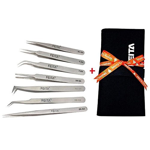 FEITA Professional Tweezers Set - FEITA Precision Tweezers with Travel Case - Stainless Steel Tweezers for Plucking, Watchmakers, Jewelry, Electronic, Craft (Silver 7Pcs) - Image 1