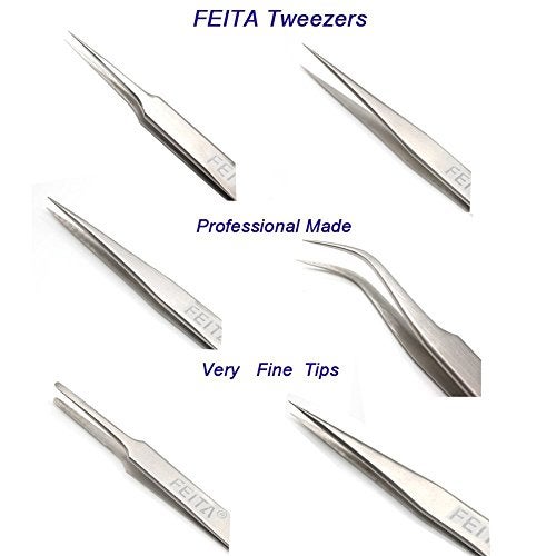 FEITA Professional Tweezers Set - FEITA Precision Tweezers with Travel Case - Stainless Steel Tweezers for Plucking, Watchmakers, Jewelry, Electronic, Craft (Silver 7Pcs) - Image 2