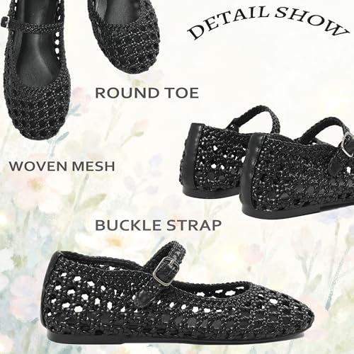 Atsroel Black Woven Ballet Flats for Women Round Toe Mesh Flats Buckle Strap Flat Shoes Comfortable Mary Jane Dressy Mesh Shoes Casual Ballerina Mary Janes Size 8 - Image 5