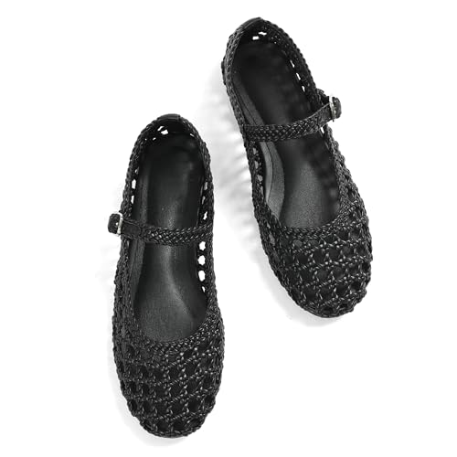 Atsroel Black Woven Ballet Flats for Women Round Toe Mesh Flats Buckle Strap Flat Shoes Comfortable Mary Jane Dressy Mesh Shoes Casual Ballerina Mary Janes Size 8 - Image 1