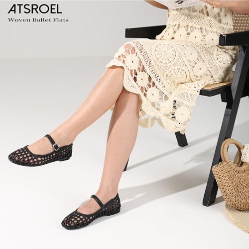Atsroel Black Woven Ballet Flats for Women Round Toe Mesh Flats Buckle Strap Flat Shoes Comfortable Mary Jane Dressy Mesh Shoes Casual Ballerina Mary Janes Size 8 - Image 4