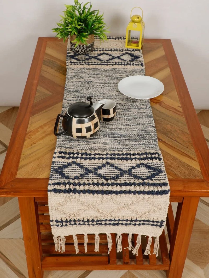 pepme pepme Cotton Pitloom Table Runner Lines Diamonds 54x14 Blue White 