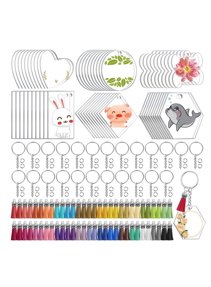 Captaintech 300PCS Clear Acrylic Keychain Blanks, 6 Shapes Wholesale Acrylic Blanks Leather Tassel Charms Key Chains Jump Rings for Vinyl Resin DIY Crafts Ornament Engrave Round Heart Square Rectangle Bone - Image 1