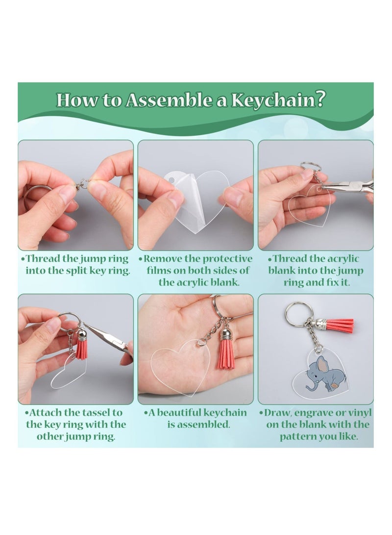 Captaintech 300PCS Clear Acrylic Keychain Blanks, 6 Shapes Wholesale Acrylic Blanks Leather Tassel Charms Key Chains Jump Rings for Vinyl Resin DIY Crafts Ornament Engrave Round Heart Square Rectangle Bone - Image 2
