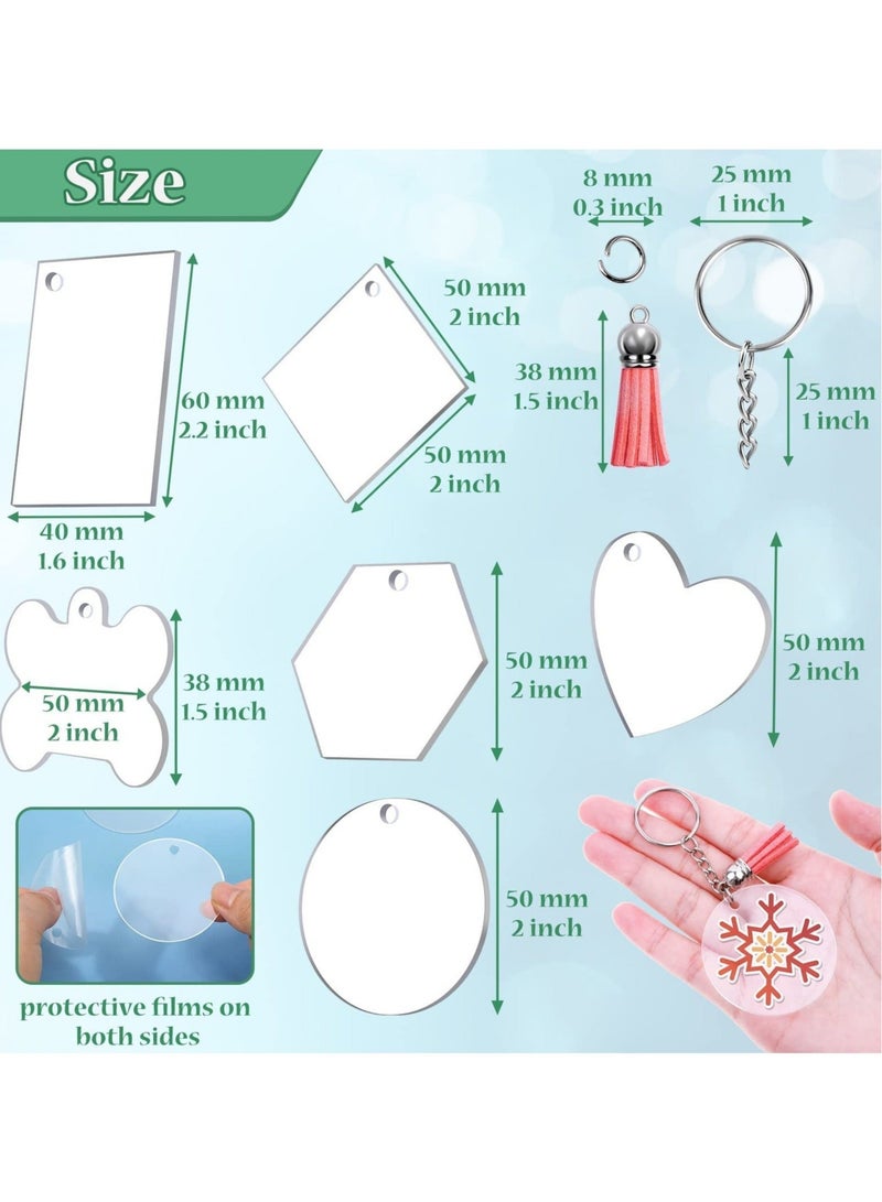 Captaintech 300PCS Clear Acrylic Keychain Blanks, 6 Shapes Wholesale Acrylic Blanks Leather Tassel Charms Key Chains Jump Rings for Vinyl Resin DIY Crafts Ornament Engrave Round Heart Square Rectangle Bone - Image 4
