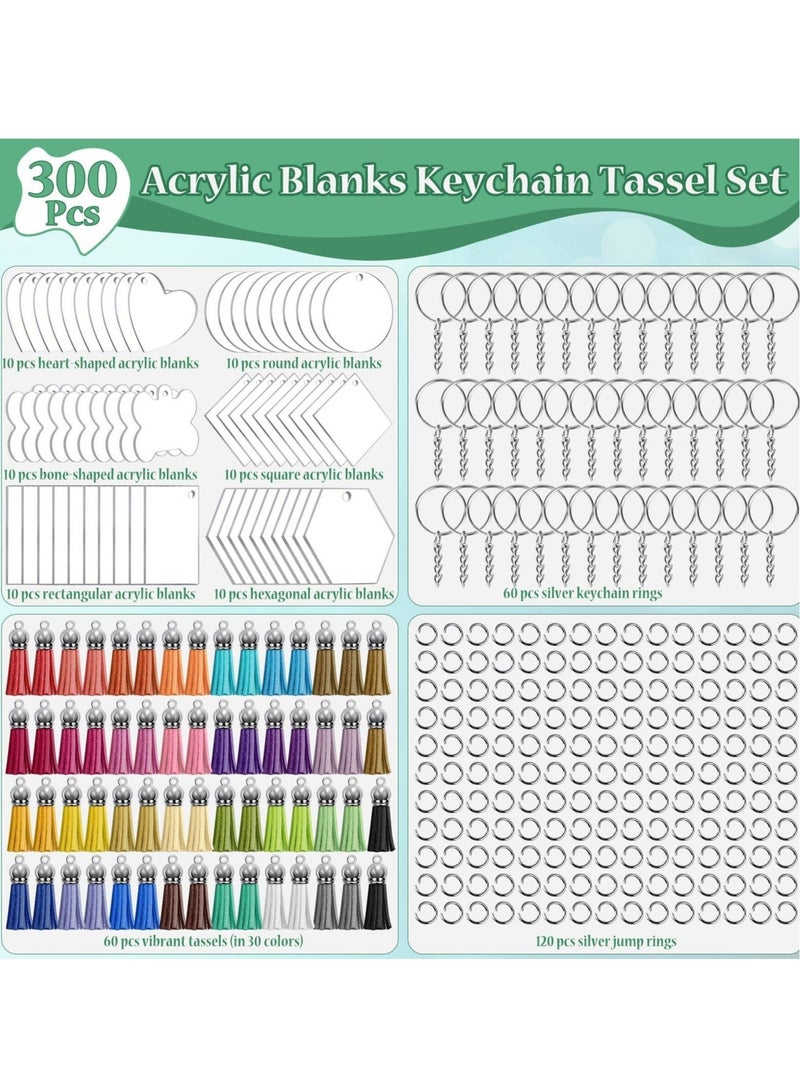 Captaintech 300PCS Clear Acrylic Keychain Blanks, 6 Shapes Wholesale Acrylic Blanks Leather Tassel Charms Key Chains Jump Rings for Vinyl Resin DIY Crafts Ornament Engrave Round Heart Square Rectangle Bone - Image 5