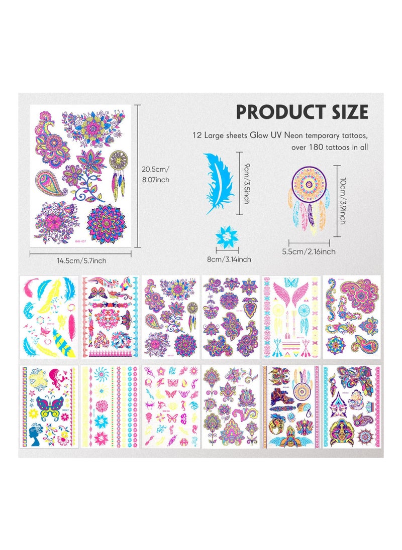 Generic - 12 Sheets of Waterproof Neon Temporary Tattoos - UV Blacklight Floral and Butterfly Designs for Women, Perfect for Parties and Events. - Image 1