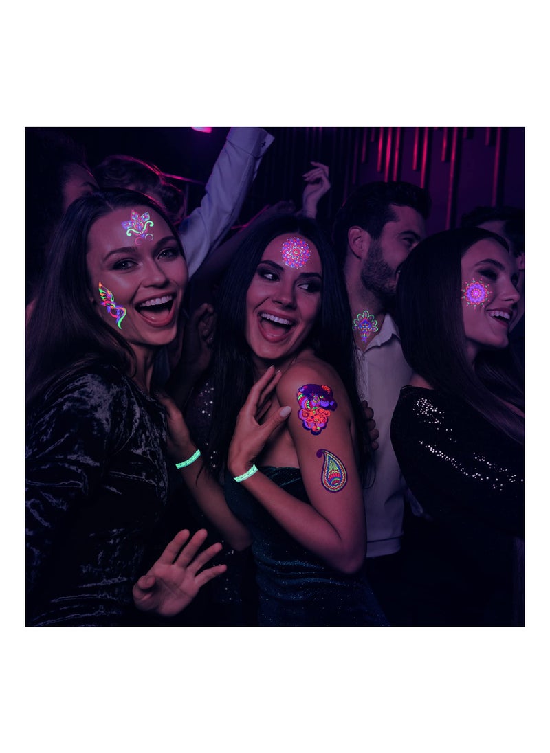 Generic - 12 Sheets of Waterproof Neon Temporary Tattoos - UV Blacklight Floral and Butterfly Designs for Women, Perfect for Parties and Events. - Image 1