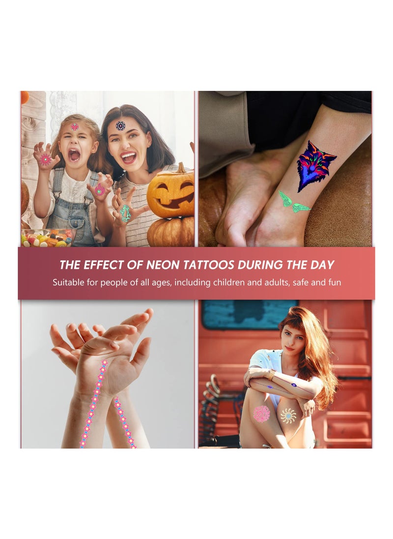 Generic - 12 Sheets of Waterproof Neon Temporary Tattoos - UV Blacklight Floral and Butterfly Designs for Women, Perfect for Parties and Events. - Image 1