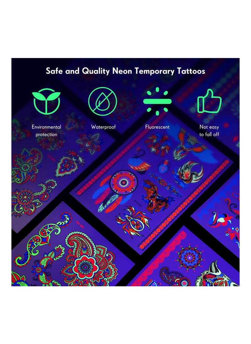 Generic - 12 Sheets of Waterproof Neon Temporary Tattoos - UV Blacklight Floral and Butterfly Designs for Women, Perfect for Parties and Events. - Image 1