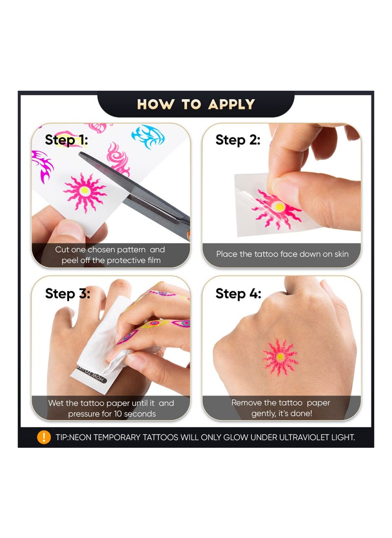 Generic - 12 Sheets of Waterproof Neon Temporary Tattoos - UV Blacklight Floral and Butterfly Designs for Women, Perfect for Parties and Events. - Image 1