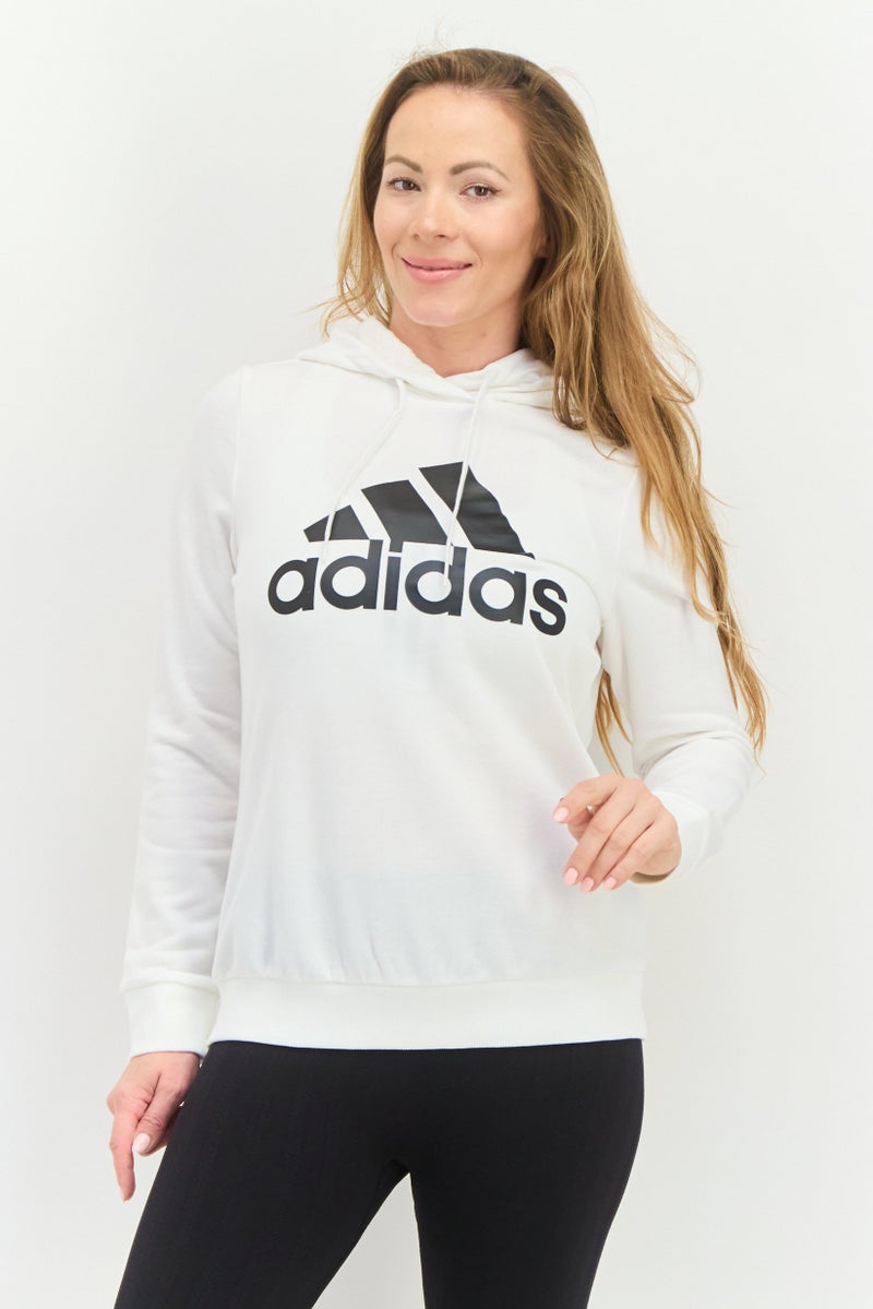 Adidas بلوزة رياضية نسائية بأكمام طويلة وقبعة للخارج، بيضاء - Image 1