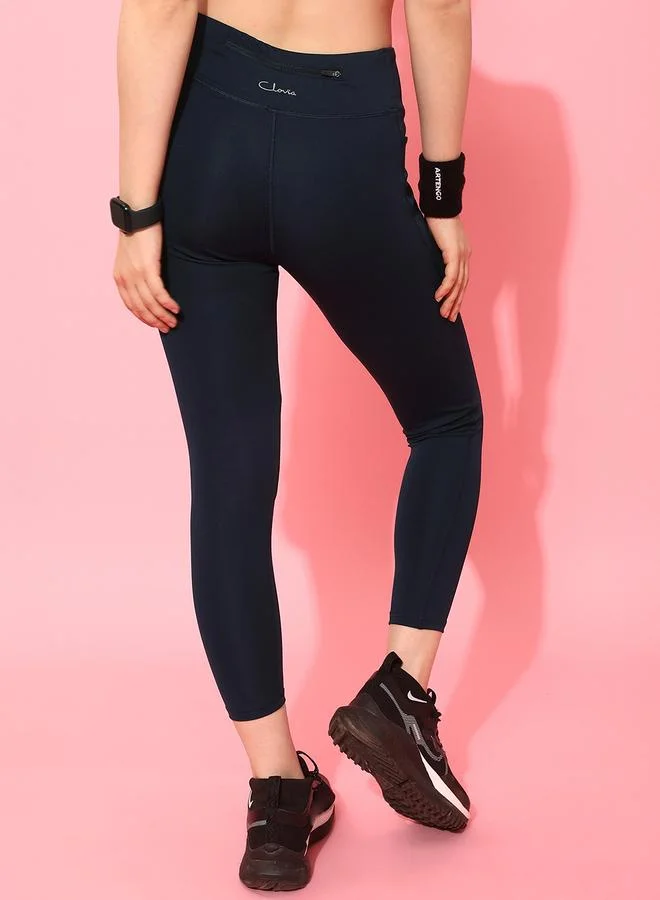 Clovia  Navy Blue Solid High-Rise Activewear Leggings with Pockets for Women | Best Price UAE