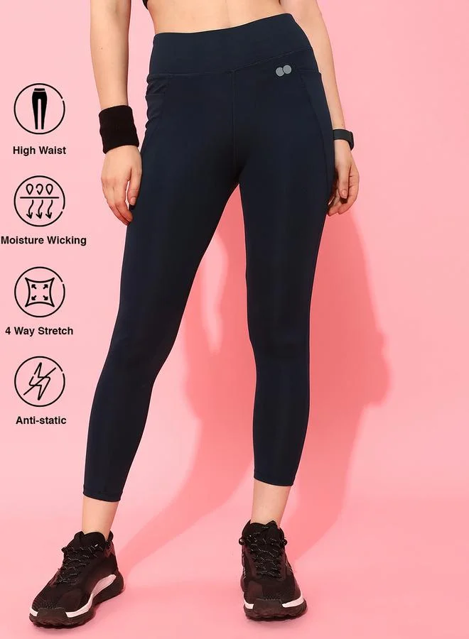 كلوفيا Navy Blue Solid High-Rise Activewear Leggings with Pockets