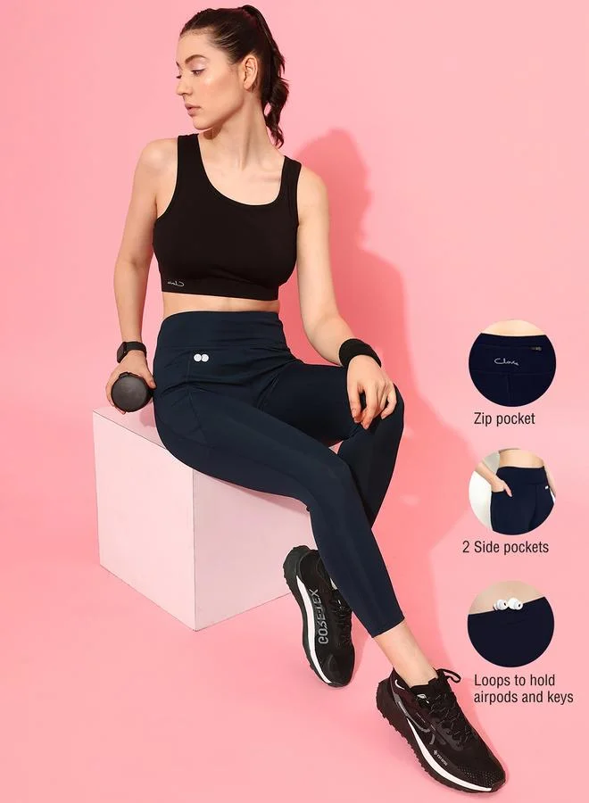 كلوفيا Navy Blue Solid High-Rise Activewear Leggings with Pockets