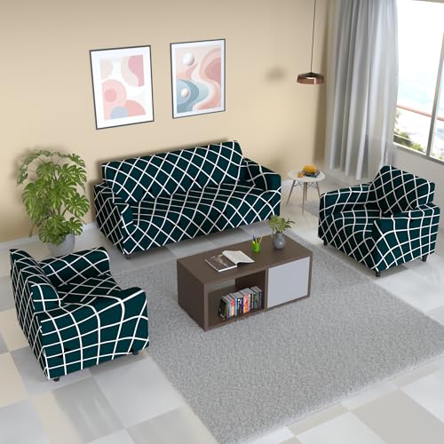 B BESTILO Sofa Cover 3 Seater and 2 Seater Fully Covered Universal 5 Seater Sofa Cover Non-Slip Sticky Elastic Stretchable Sofa Set Imported Slipcover (5 Seater, Blue Diamond) - Image 1