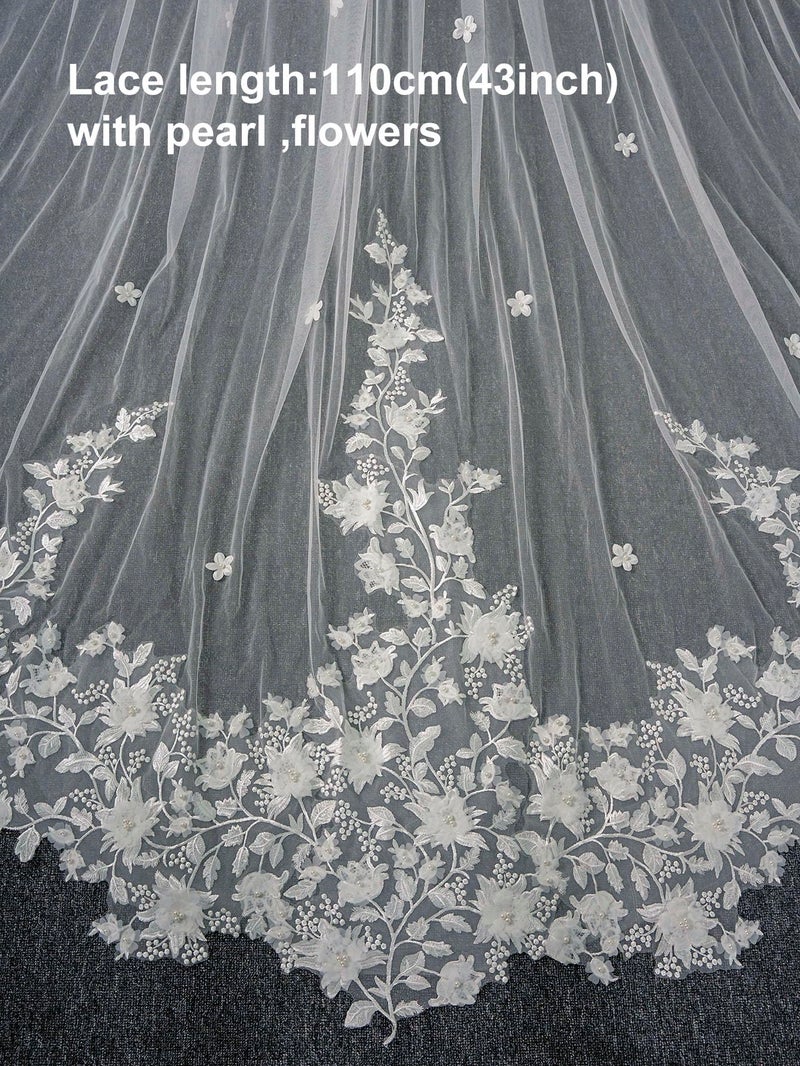 AiberLisha Pearl Floral Cathedral Wedding Bridal Veil with Metal Comb White - Image 3