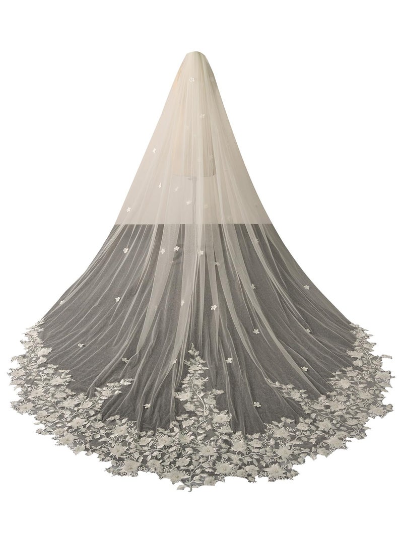 AiberLisha Pearl Floral Cathedral Wedding Bridal Veil with Metal Comb White - Image 1