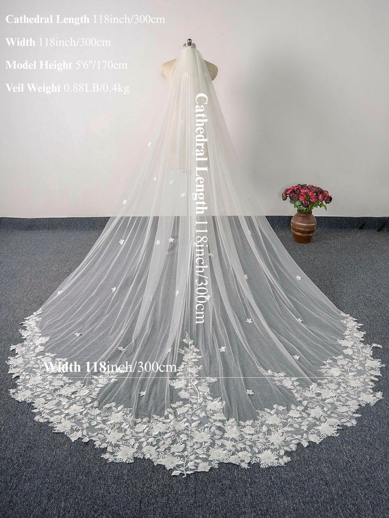 AiberLisha Pearl Floral Cathedral Wedding Bridal Veil with Metal Comb White - Image 2