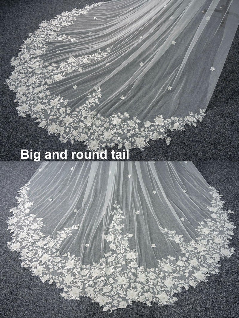AiberLisha Pearl Floral Cathedral Wedding Bridal Veil with Metal Comb White - Image 4