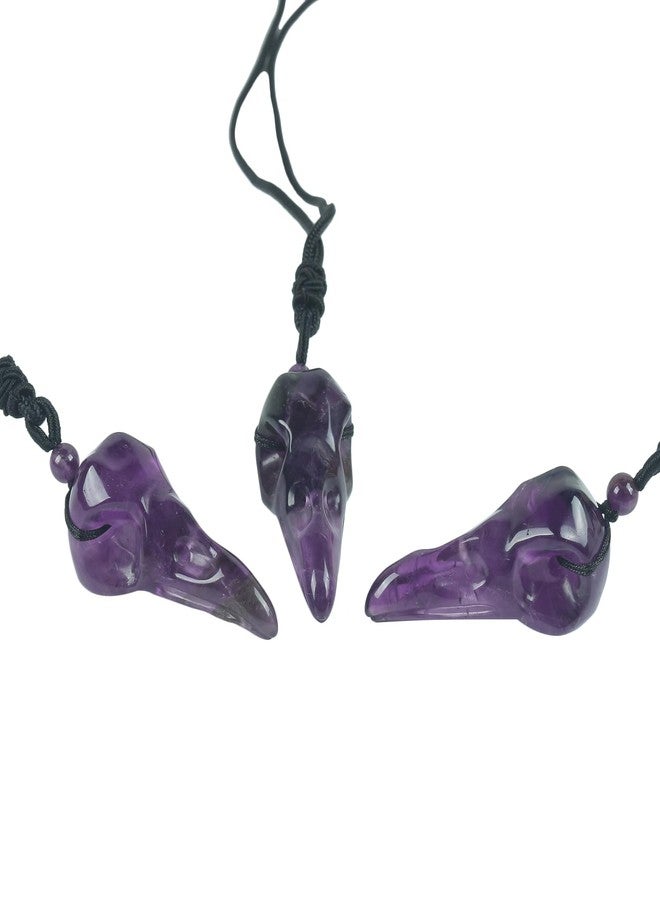Loveliome Natural Crystal Stone Raven Skull Pendant Necklace Hand Carved Crow Head Charm with Adjustable Cord, Amethyst - Image 4