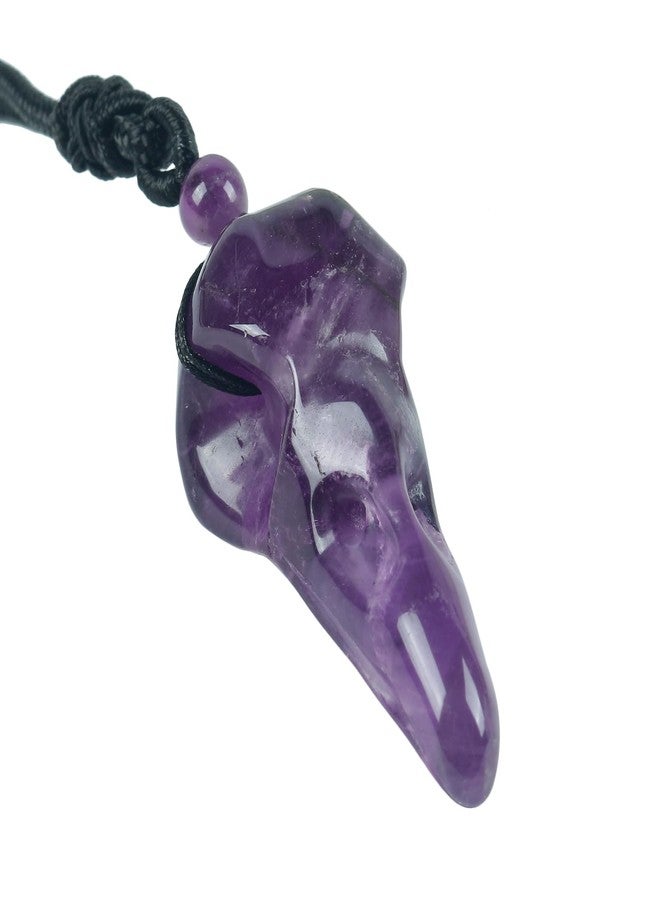 Loveliome Natural Crystal Stone Raven Skull Pendant Necklace Hand Carved Crow Head Charm with Adjustable Cord, Amethyst - Image 1