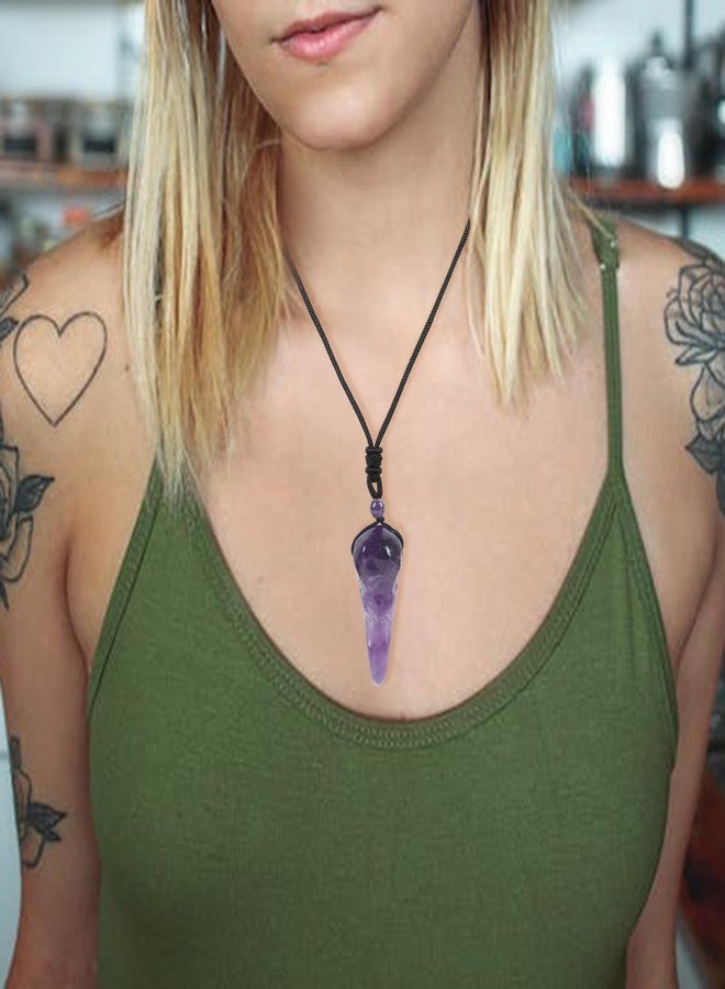 Loveliome Natural Crystal Stone Raven Skull Pendant Necklace Hand Carved Crow Head Charm with Adjustable Cord, Amethyst - Image 2